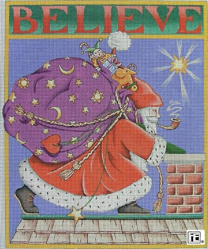 Needlepoint Canvas: Believe Santa w/ Background | Mary Engelbreit