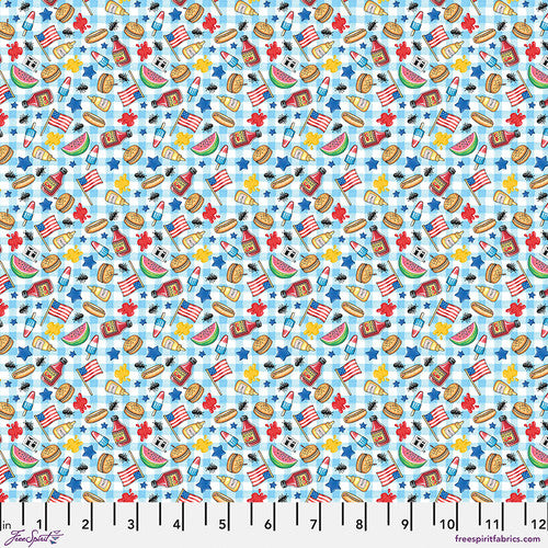 America's Birthday Cookout on Blue Fabric