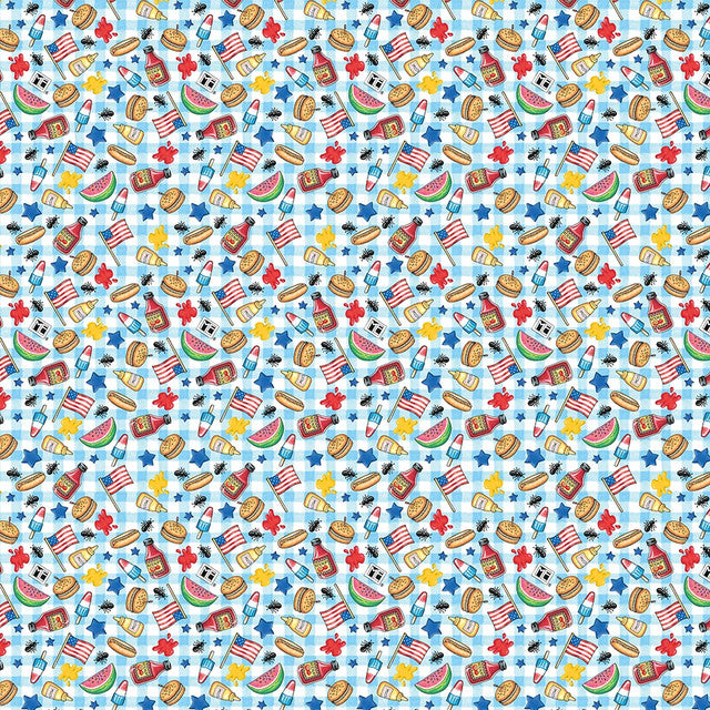 America's Birthday Cookout on Blue Fabric