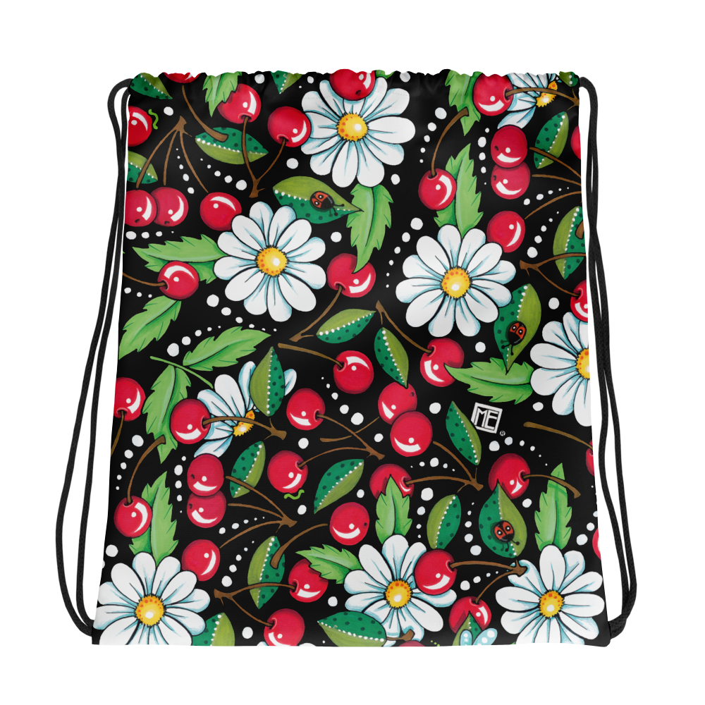 Cherry Daisy Drawstring Bag