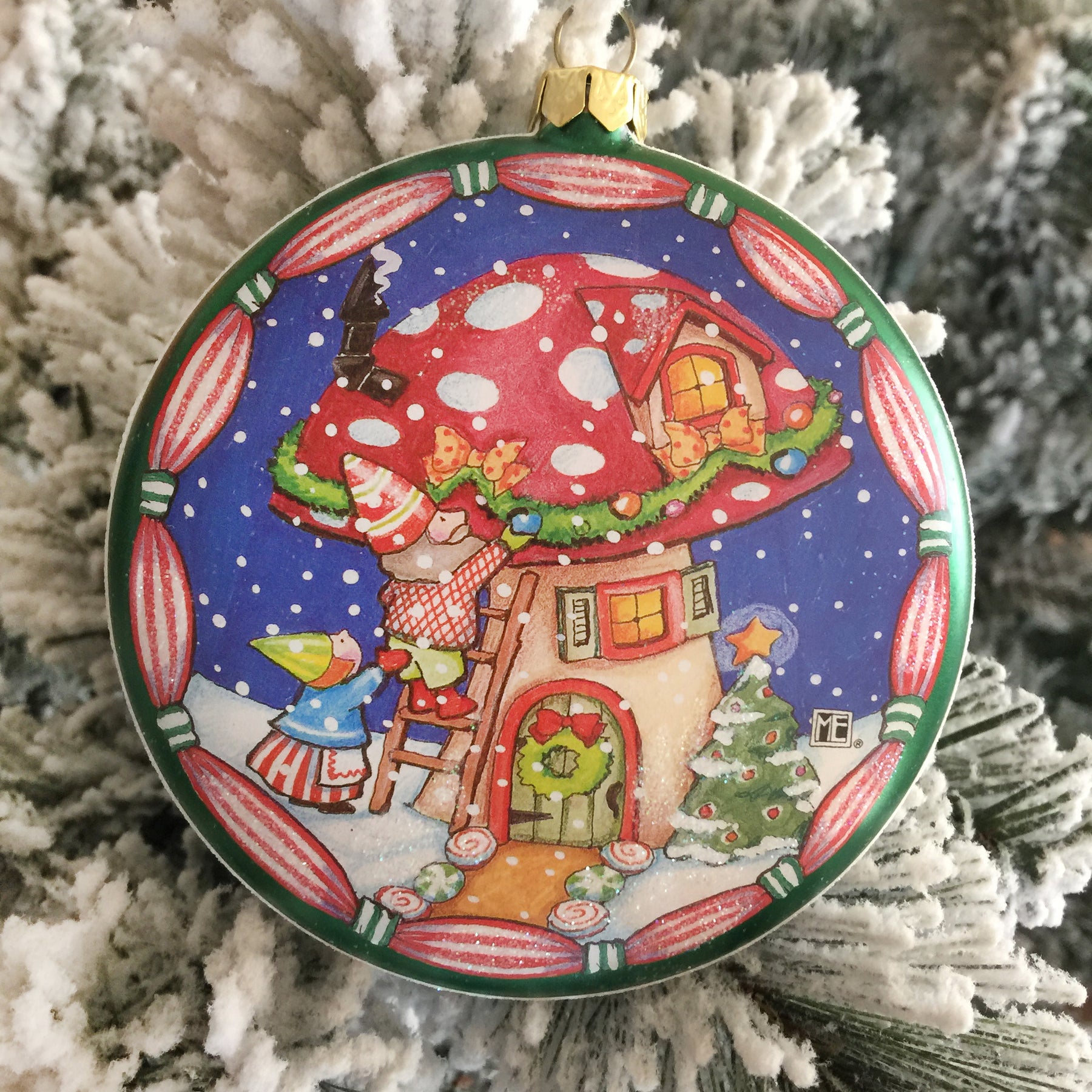 Christmas Toadstool Home Glass Ornament