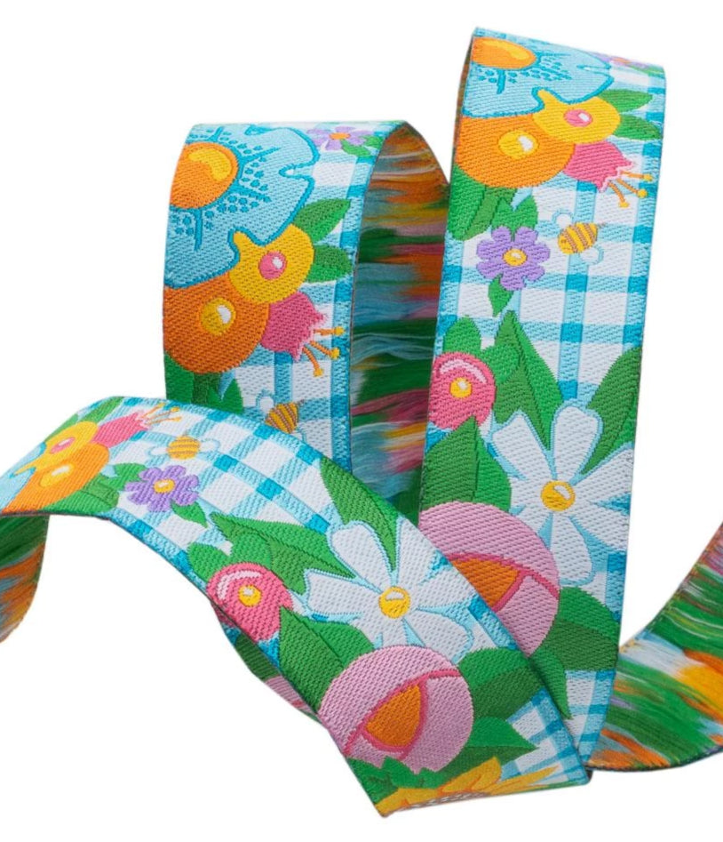 Flowers and Bees on Blue Gingham Ribbon