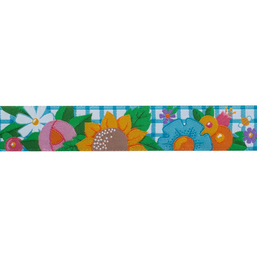 Flowers and Bees on Blue Gingham Ribbon