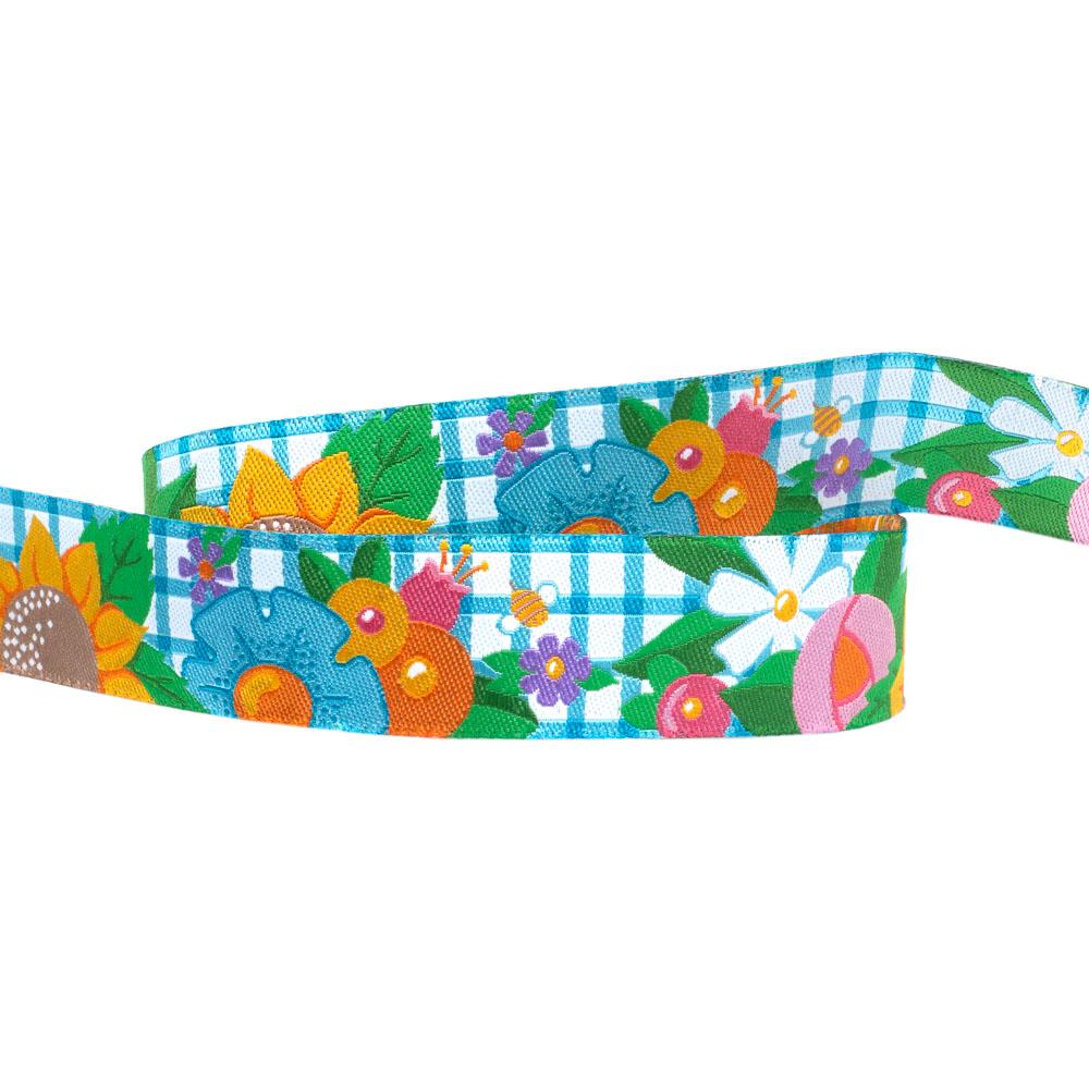 Flowers and Bees on Blue Gingham Ribbon