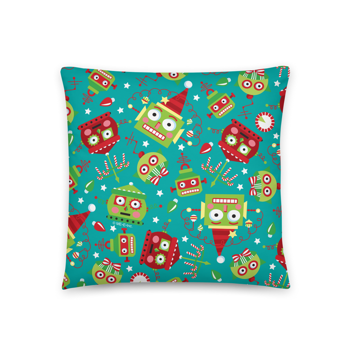 Turquoise Holiday Robots Pillow