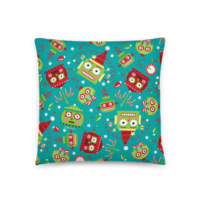 Turquoise Holiday Robots Pillow