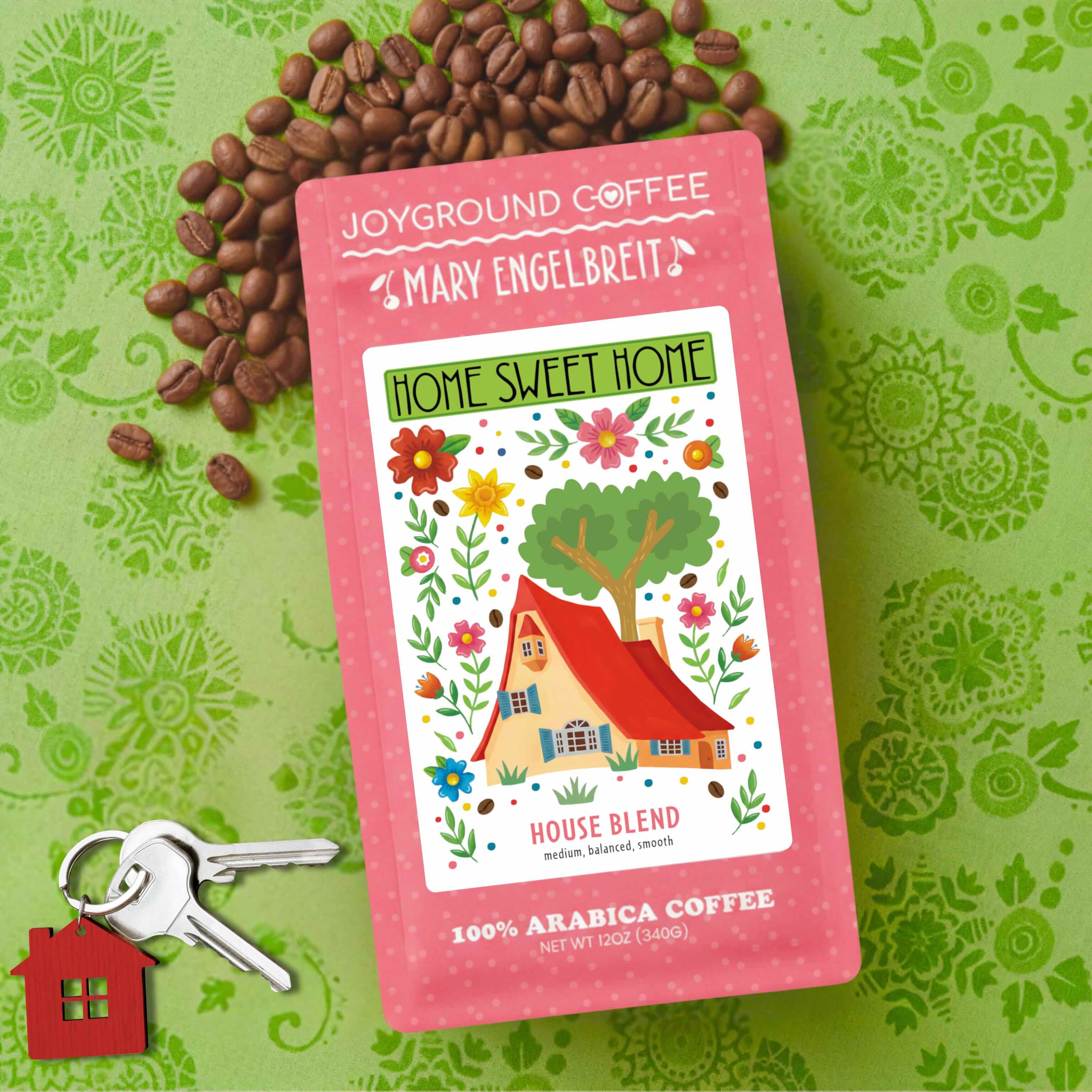 Mary Engelbreit Joyground Coffee Home Sweet Home House Blend Medium Roast flat lay