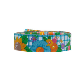 Flowers and Bees on Blue Gingham Ribbon